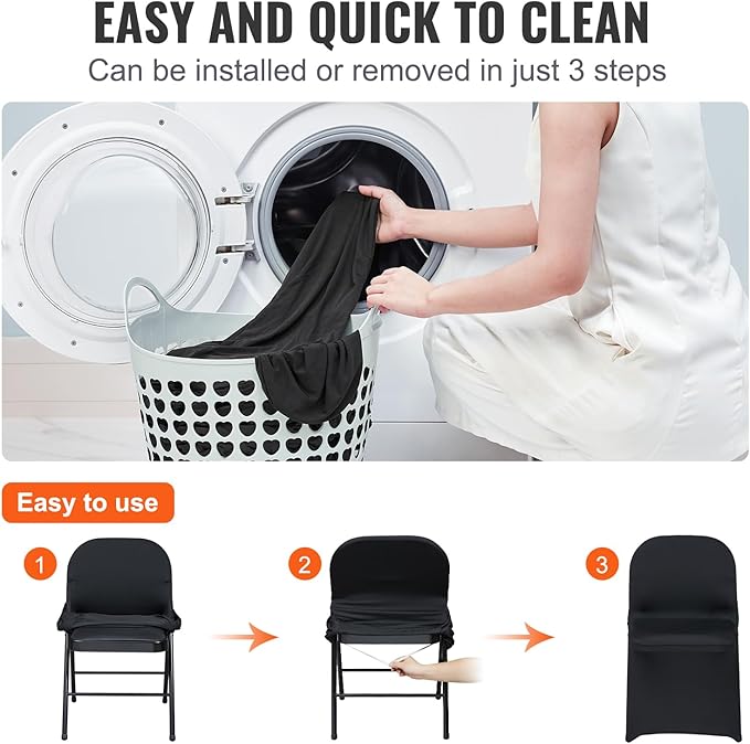 VEVOR Stretch Spandex Folding Chair Covers, Universal Fitted Chair Cover, Removable Washable Protective Slipcovers, for Wedding, Holiday, Banquet, Party, Celebration, Dining (50PCS Black)