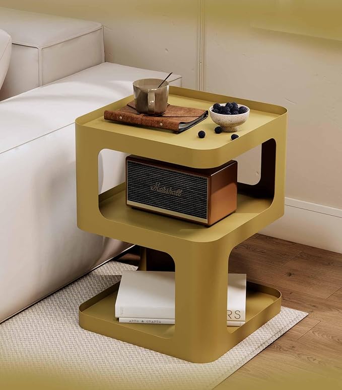 XIV Side Table, Small End Table, Modern Nightstand, Accent Bedside Table, 3 Tier Night Stands, Metal Bed Side Table for Living Room Bedroom Outdoor Entryway, No Assembly Required (Gold, Square)