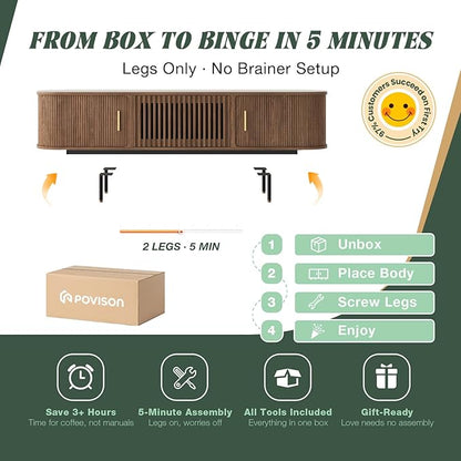 POVISON Sliding Tambour Door TV Stand, Mid Century Modern Sintered Stone TV Console, Wood Media Console for 75 Inch TV, Entertainment Center with Storage Cabinet, Fully-Assembled (Walnut, 78.74")