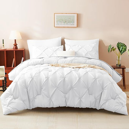CozyLux Twin Comforter Set with Sheets White, 5 Pieces Pintuck Bed in A Bag, Twin Bed Set Gift for Family, Pinch Pleat Bedding Set with Comforter, Sheets, Pillowcase & Sham