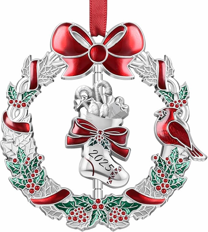 Christmas Dated Ornament 2025 for Xmas Tree Decorations, 2025 Christmas Wreath Ornament with Rotatable Stockings for Holiday Decorative Keepsake Gift