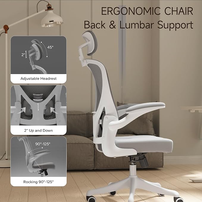 Ergonomic Office Chair with Adjustable Lumbar Support & Flip-Up Armrests - High Back Desk Chair with Thickened Seat Cushion, Rolling Wheels for Home/Office Study Work