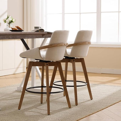 Mid-Century Swivel Bar Stools Set of 6, 26.5 inch Counter Height Barstools Linen Fabric Bar Chairs with Wooden Frame for Kitchen Island Dining Room, White