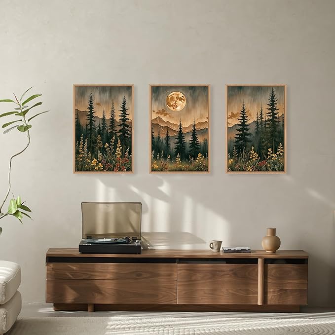 HOURIA Nature Forest Mountain Framed Canvas Wall Art Set,Moonlight Pine Tree Flower Wall Decor,Wilderness Field Wall Painting,Vintage Botanical Art Prints for Living Room,Bedroom,Farmhouse-24 x36 x3