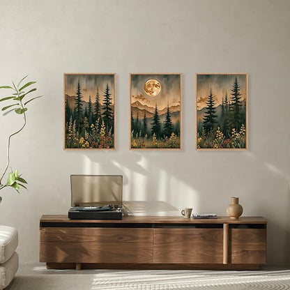 HOURIA Nature Forest Mountain Framed Canvas Wall Art Set,Moonlight Pine Tree Flower Wall Decor,Wilderness Field Wall Painting,Vintage Botanical Art Prints for Living Room,Bedroom,Farmhouse-24 x36 x3