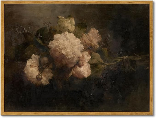 KBKBART Vintage Framed Canvas Wall Art , Dark Vintage Still Life Flower Canvas Oil Painting, Classical Moody Peony Bouquet Prints for Wall Decor, Antique Floral Art Painting Victorian Decor Artwork for Bedroom Living Room Bathroom Gallery(16"x24")