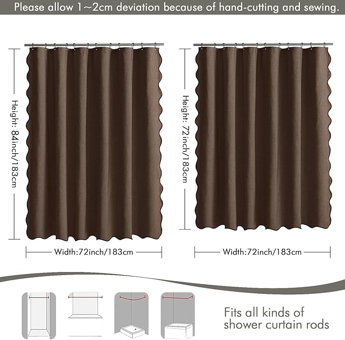 MIULEE 84" Long Scalloped Shower Curtain Linen Textured with 12 Metal Hooks Cute Extra Long Heavy Duty Washable Waterproof Cloth Shower Curtains with Black Border for Bathroom Hotel Bathtub,Brown