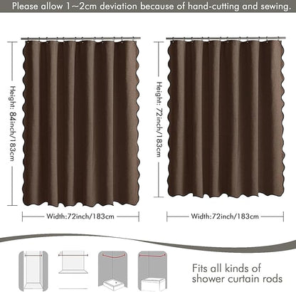MIULEE 84" Long Scalloped Shower Curtain Linen Textured with 12 Metal Hooks Cute Extra Long Heavy Duty Washable Waterproof Cloth Shower Curtains with Black Border for Bathroom Hotel Bathtub,Brown