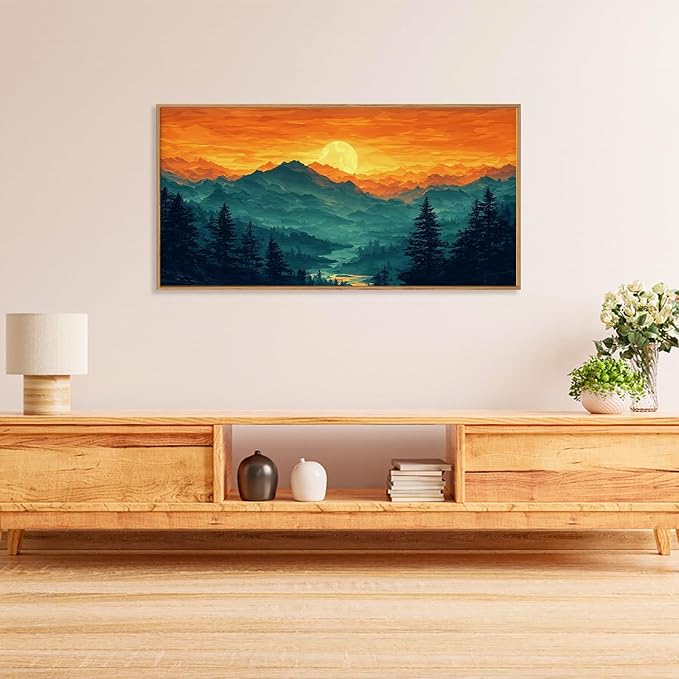 HOURIA Large Sunrise Mountain Forest Landscape Framed Canvas Wall Art Set,Orange Sky Green Ridge Wall Decor,Nature Pine Tree Artwork,Boho Watercolor Art Print for Living Room, Bedroom- 40"x20"x1