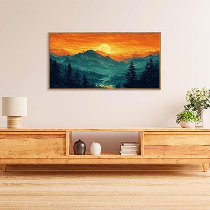 HOURIA Large Sunrise Mountain Forest Landscape Framed Canvas Wall Art Set,Orange Sky Green Ridge Wall Decor,Nature Pine Tree Artwork,Boho Watercolor Art Print for Living Room, Bedroom- 40"x20"x1