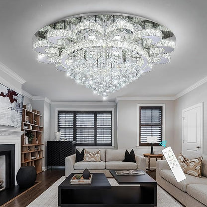 Modern Chandelier Living Room Light Glam Chandeliers Ceiling Light Fixture Remote Dimmable Lights 40 Inches Luxury Crystal Silver Dining Room Lights