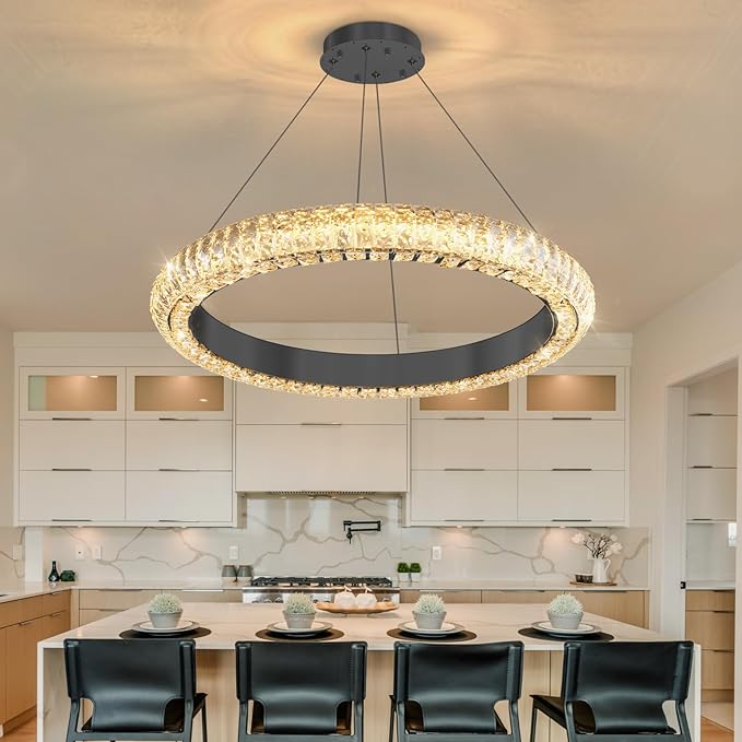 24" Ring Modern LED Dimmable Crystal Chandelier Adjustable Height Pendant Light Round Crystal Chandelier Light Fixtures for Dining Room Living Room Kitchen Island Black