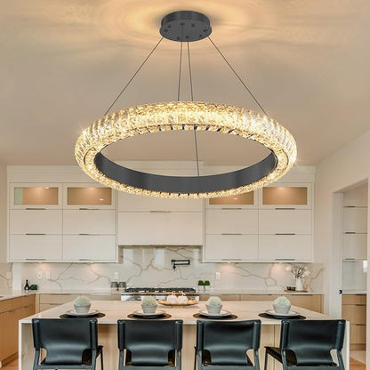 24" Ring Modern LED Dimmable Crystal Chandelier Adjustable Height Pendant Light Round Crystal Chandelier Light Fixtures for Dining Room Living Room Kitchen Island Black