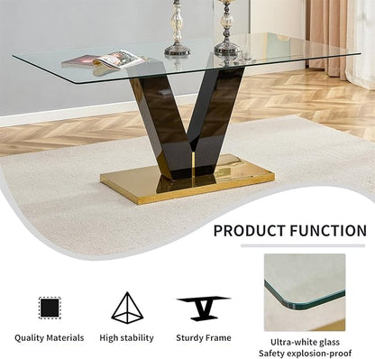71" Glass Dining Table Set for 6, Dining Table Set 6, Modern Kitchen Table and 6 PU Chairs, Tempered Glass Top and MDF Base, Dining Room Table Set for 6