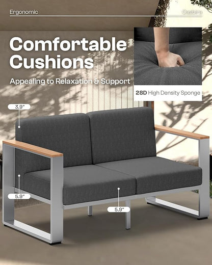 Outdoor Furniture Set, 4 Piece Aluminum Patio Furniture Set with Wide Seat and Thick Cushions, Modern Outdoor Seating Patio Conversation Sets for Deck, Porch (Teak-Charcoal)