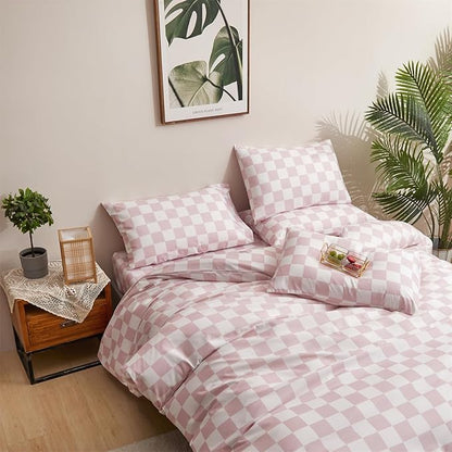 CLOTHKNOW Pink White Plaid Full Size Comforter Sets Grid Bedding Comforter Sets Soft All Season Geometric Checker Comforter with 2 x Pillow Cases