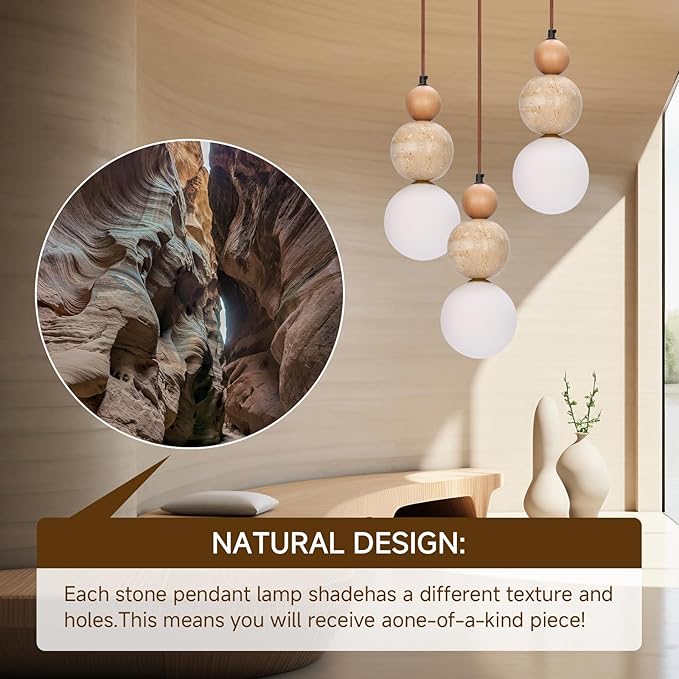 Wabi Sabi Pendant Light,3-Light Travertine Stone Fixture-Japandi Japanese Style Lamp,Nordic Wood Chandelier,Spherical Scandinavian Pendant Light Suits Kitchen Islands,Dining & Living Rooms(Log Color)