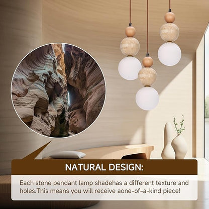 Wabi Sabi Pendant Light,3-Light Travertine Stone Fixture-Japandi Japanese Style Lamp,Nordic Wood Chandelier,Spherical Scandinavian Pendant Light Suits Kitchen Islands,Dining & Living Rooms(Log Color)