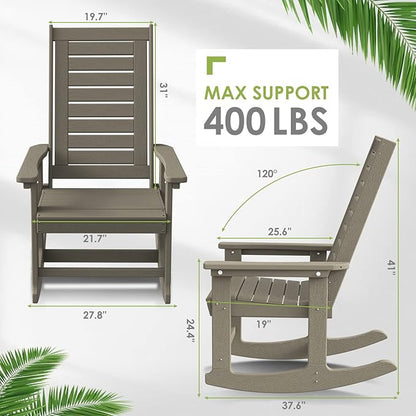 GREENVINES Outdoor Rocking Chairs | Set of 2 | Porch Rocker | HDPE Plastic | Wood Grain | Oversized Rockers | High Back | Big & Tall | Ladder Back | Desert Brown | for Patio Outside