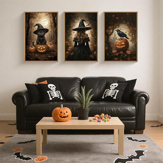 HOURIA Large Halloween Spooky Witch Black Cat Raven Framed Canvas Wall Art Set,Witchy Hat Pumpkin Wall Decor,Full Moon Autumn Forest Artwork,Dark Castle Art Prints for Living Room, Bedroom-16 x24 x3