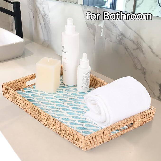 Rectangle Rattan Tray with Mother of Pearl Inlay, Rattan Serving Tray with Handle for Coffee, Bread, Fruits, Snacks, Decorative Wicker Tray for Table Decor (Rectangle Turquoise Fish, 13"×9")
