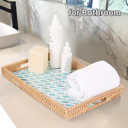 Rectangle Rattan Tray with Mother of Pearl Inlay, Rattan Serving Tray with Handle for Coffee, Bread, Fruits, Snacks, Decorative Wicker Tray for Table Decor (Rectangle Turquoise Fish, 13"×9")