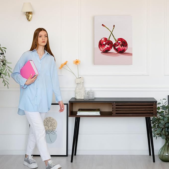 APJYM Funky Y2K Disco Ball Cherry Wall Art, Trendy Retro 70s Preppy Pink Girly Cherry Aesthetic Canvas Wall Art for Girls Room Bedroom Dorm Apartment Decor, 11x14 Inches Framed