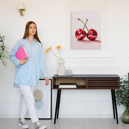 APJYM Funky Y2K Disco Ball Cherry Wall Art, Trendy Retro 70s Preppy Pink Girly Cherry Aesthetic Canvas Wall Art for Girls Room Bedroom Dorm Apartment Decor, 11x14 Inches Framed