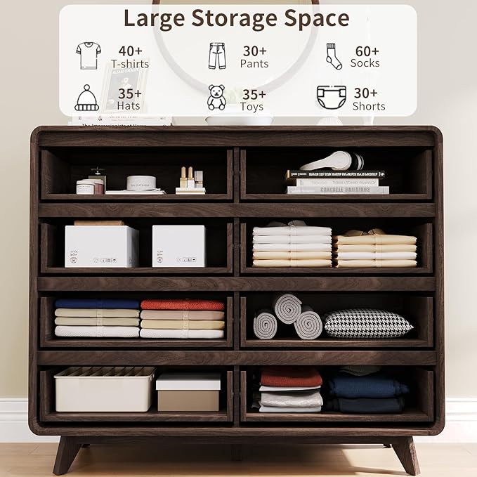 Fluted 8 Drawers Dresser for Bedroom, 48" Wide Wood Dressers & Chests of Drawers Slides Pre-Installed, Wooden Dresser TV Stand, Modern Closet Clothes Storage Organizer for Living Room, Dark Walnut