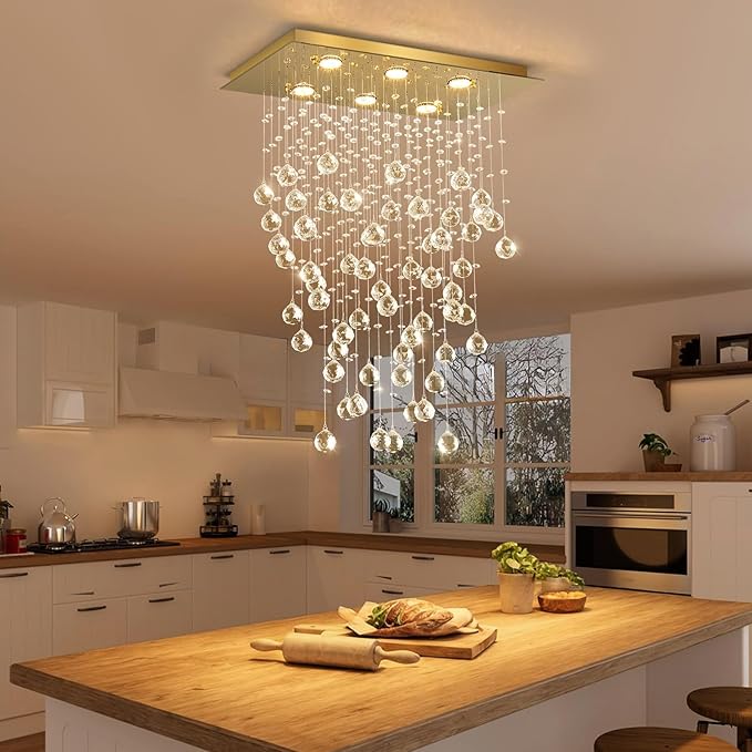 Glam Crystal Chandelier with Bulb Rain Drop Pendants Ceiling Light LED Lighting Rectangular Dining Room Light Fixture Dimmable LED Light Gold