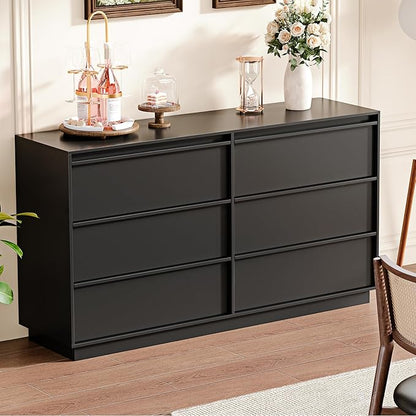 55.12" Modern Chest of Drawer, 6 Deep Drawers,Clothes Organizer,Large Storage Cabinet for Living Room, Bedroom,Dresser TV Stand, Wood Drawer Organizer for Living Room, Hallway,Black