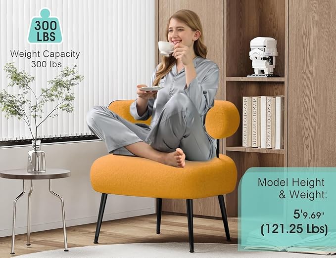 Modern Accent Chair, Round Upholstered Barrel Armchair for Small Spaces, Fluffy Side Corner Sherpa Chair for Living Room, Bedroom