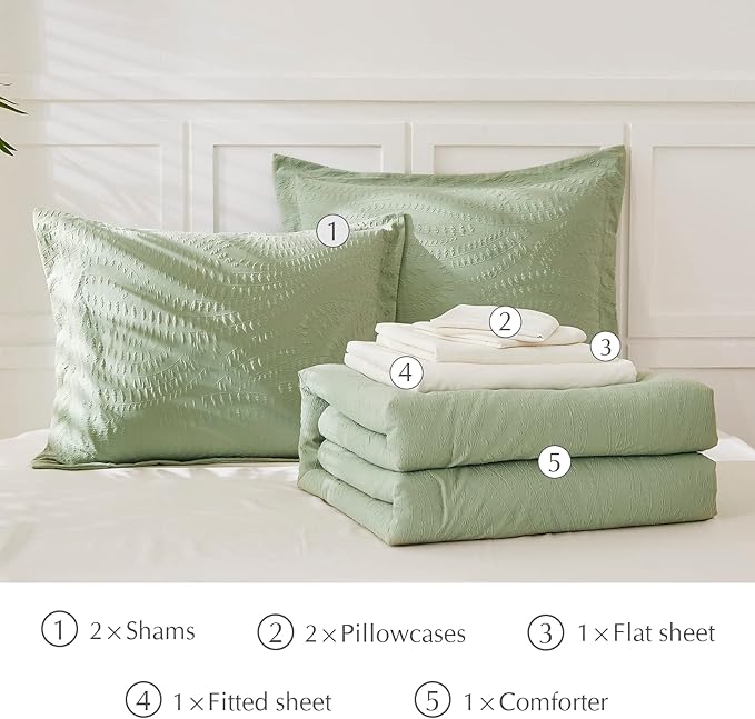 Geniospin King Comforter Set - 7 Pieces Textured Sage Green Bedding Sets, Boho Shabby Chic Comforter Set, All Season Comfortable Bed in a Bag with Comforter, Sheets, Pillowcases & Shams