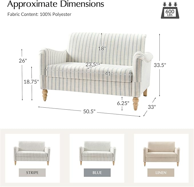 EcoHarbor Living 50.5" Mid-Century Modern Couch, Upholstered Sofa with Armrests, Stripe Mini Loveseat Couches for Small Space, Living Room, Bedroom, Office, Apartment, Blue