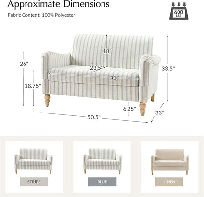 EcoHarbor Living 50.5" Mid-Century Modern Couch, Upholstered Sofa with Armrests, Stripe Mini Loveseat Couches for Small Space, Living Room, Bedroom, Office, Apartment, Blue
