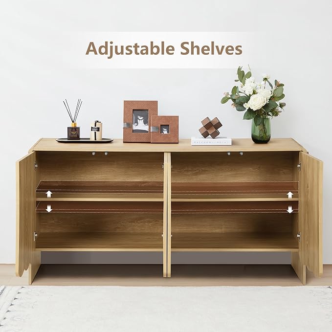 ORRD Sideboard Buffet Cabinet, Accent Storage Cabinets with 4 Doors, Farmhouse Wood Cabinet with Adjustable Shelves and Wave Panel for Living Room, Dining Room, Entry - Natural