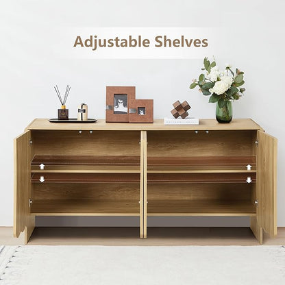 ORRD Sideboard Buffet Cabinet, Accent Storage Cabinets with 4 Doors, Farmhouse Wood Cabinet with Adjustable Shelves and Wave Panel for Living Room, Dining Room, Entry - Natural