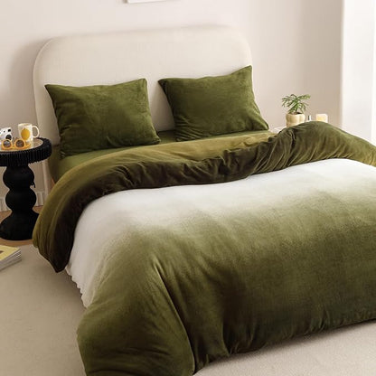 CLOTHKNOW Green White Velvet Full Size Comforter Sets Fluffy Bedding Comforter Sets Soft Olive Green Comforter with 2 x Pillow Cases