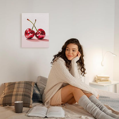 APJYM Funky Y2K Disco Ball Cherry Wall Art, Trendy Retro 70s Preppy Pink Girly Cherry Aesthetic Canvas Wall Art for Girls Room Bedroom Dorm Apartment Decor, 11x14 Inches Framed