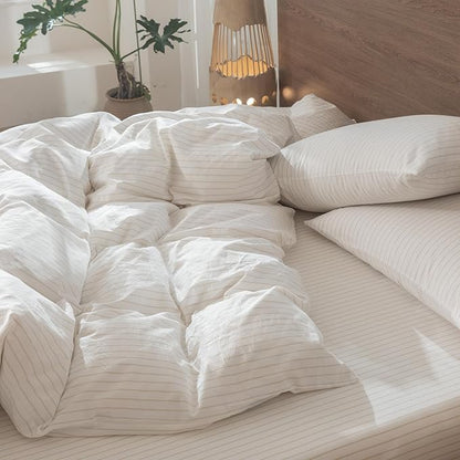 MooMee Striped Duvet Cover Set 100% Washed Cotton Linen Like Textured Breathable Durable Soft Comfy (White Almond Milk Grey Wide Stripes, Full 80"x90")