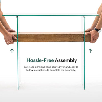 ivinta Glass Console Table with Storage, 39.4" Modern Narrow Entryway Table for Living Room, Entrance, Hallway or Bedroom 5101 (Natural Wood)