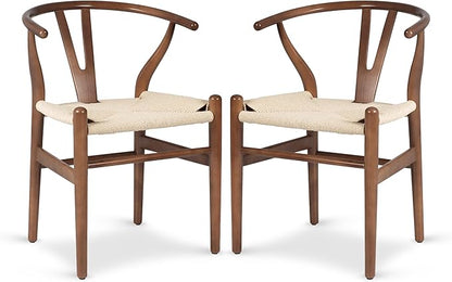 POLY & BARK Weave Dining Chairs – Mid-Century Modern Wishbone Dining Chairs with Arms, Solid Wood Frame, Indoor Use – Walnut– Set of 2 - Ideal for Dining Room, Kitchen or Stylish Accent Setting