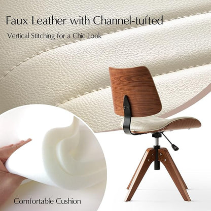 HULALA HOME Desk Chair with Solid Wood Legs, Adjustable Height & 360° Swivel, Comfy Bentwood Faux Leather Tufted Task Chair, Ivory