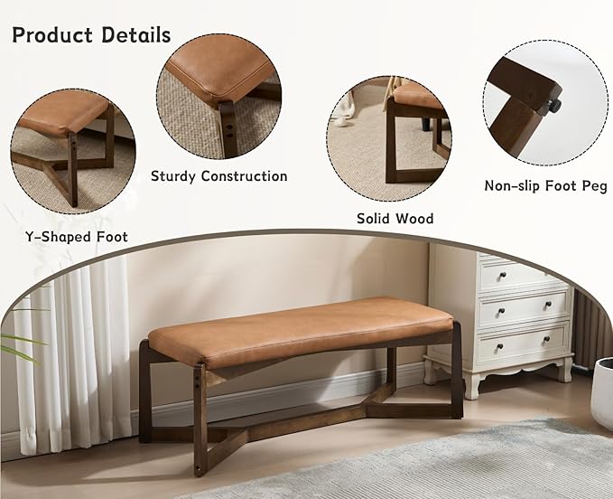 CIMOTA 49 Inch Modern Entryway Bench, Upholstered Bedroom Bench with Solid Wood Frame, Y-Shaped Foot, Comfy Ottoman for Bedroom End of Bed/Hallway/Living Room/Indoor, PU Brown