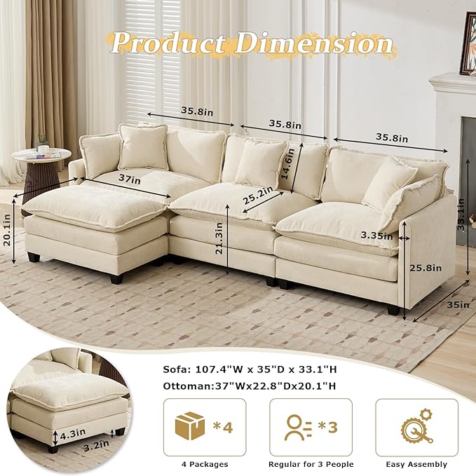SoarFlash Chenille Sectional Middle Position Sofa, Beige