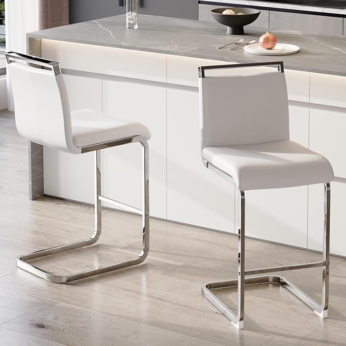 Bar Stools Set of 2,25" Counter Height Bar Stools with Footrest,White Faux Leather Kitchen Stools with Chrome Plated Metal Leg,Counter Height Bartools Ideal for Island Pub Kitchen Counter Dining Chair