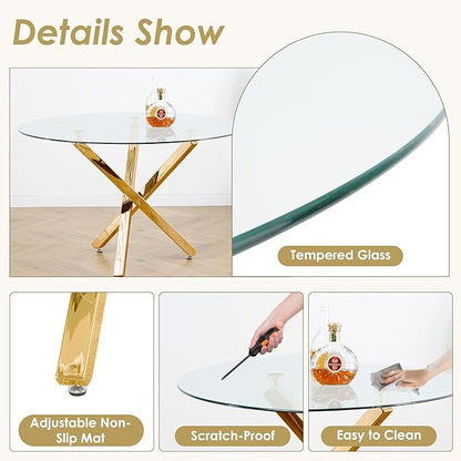 Gold Luxury Round Dining Room Table Set for 4, 47'' Modern Minimalist Circle Kitchen Table Set, 5 Pcs Large Clear Circular Glass Top Dinner Set, Green Retro Woven Chairs Set, for Apartment