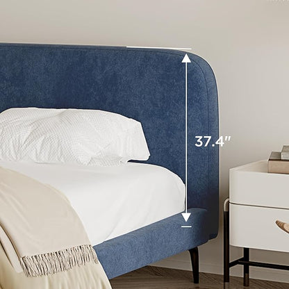 Acanva Modern Minimalist Upholstered Platform Bed Frame with Headboard, Mattress Foundation Base with Metal Slats Support, No Box Spring Needed, Non-Slip, Blue, Queen Size