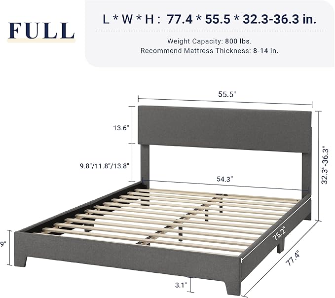 Allewie Full Size Bed Frame with Adjustable Headboard, Upholstered Platform Bed with Wood Slats, Heavy Duty Mattress Foundation, No Box Spring Needed, Noise-Free, Easy Assembly, Dark Grey
