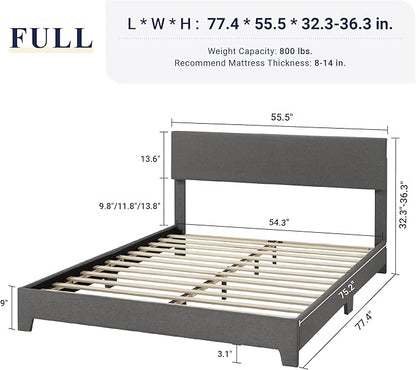 Allewie Full Size Bed Frame with Adjustable Headboard, Upholstered Platform Bed with Wood Slats, Heavy Duty Mattress Foundation, No Box Spring Needed, Noise-Free, Easy Assembly, Dark Grey
